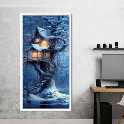 Winter Tree House Canvas Wall Art