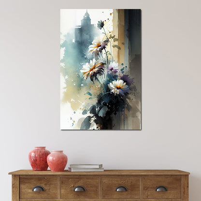 White & Teal Watercolor Flowers Canvas Wall Art