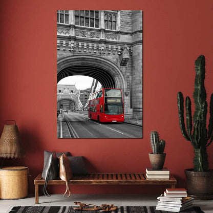 Red Bus Passing on the Tower Bridge Canvas Wall Art