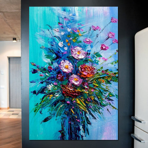 Bouquet of Flowers on Blue Background Canvas Wall Art