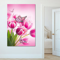 Bouquet of Pink Tulips & Butterflies Canvas Wall Art