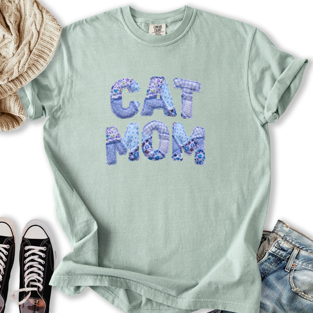 Blue Faux Patchwork Cat Relaxed Tee