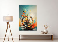 Abstract Ship Wheel Canvas | Framed Helm Painting - Nautical Wall Art Ready to Hang