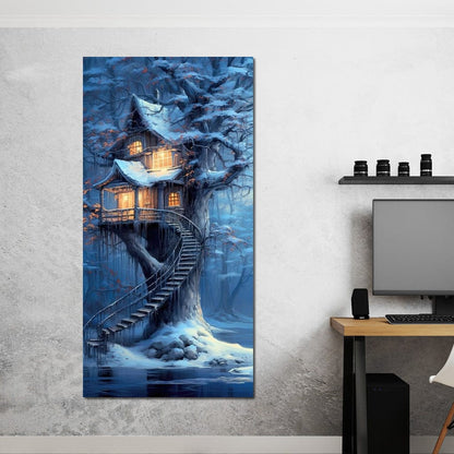 Winter Tree House Canvas Wall Art