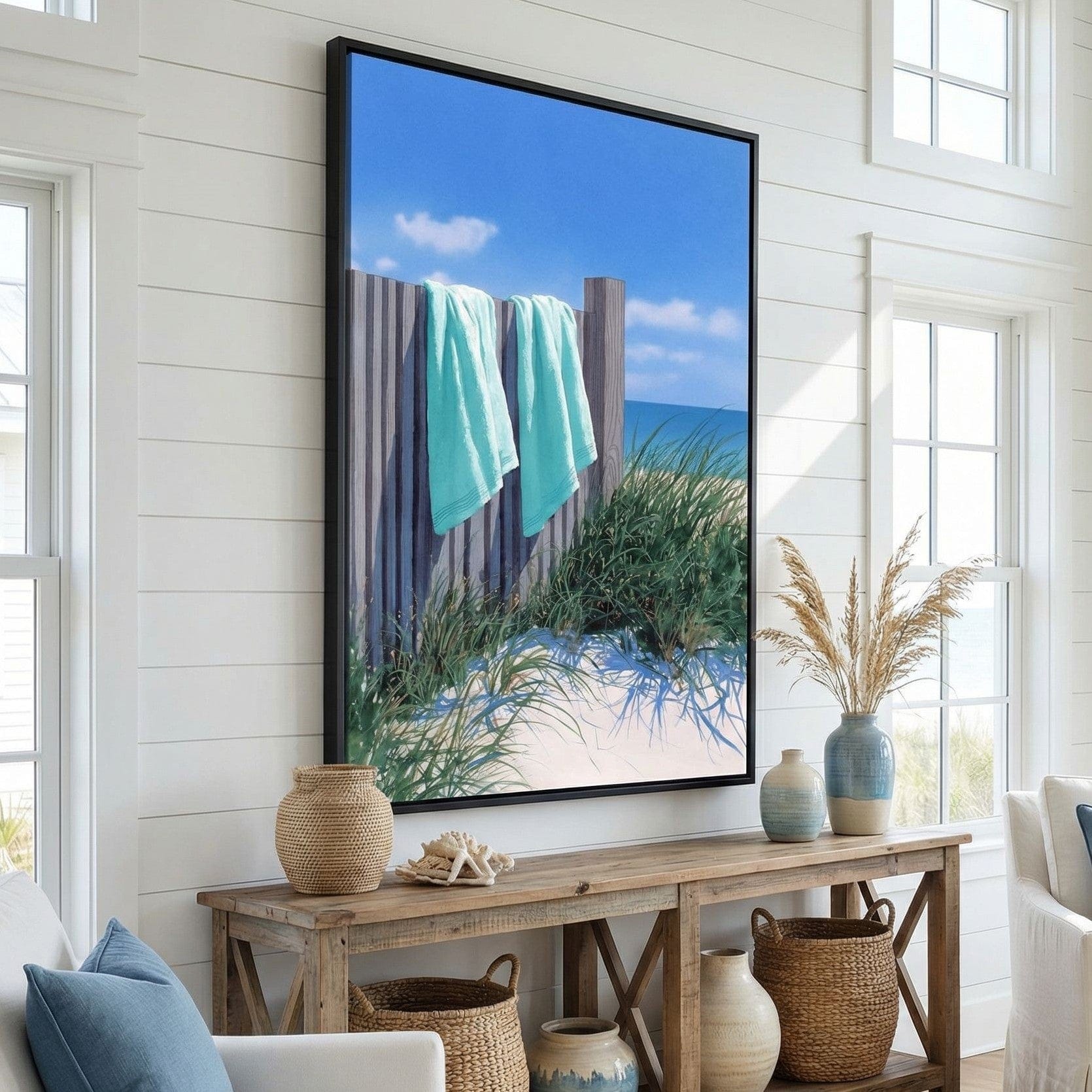 Coastal Towels On Dune Fence Canvas Wall Art