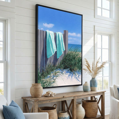 Coastal Towels On Dune Fence Canvas Wall Art
