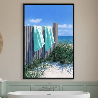 Coastal Towels On Dune Fence Canvas Wall Art