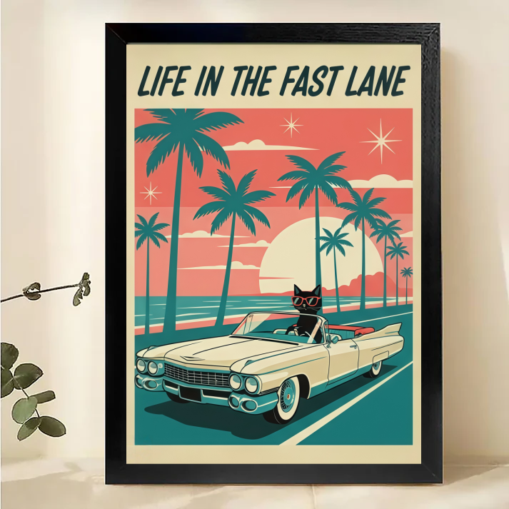 Life in the Fast Lane Retro Poster - Vintage Beach & Classic Car Art Canvas Wall Art