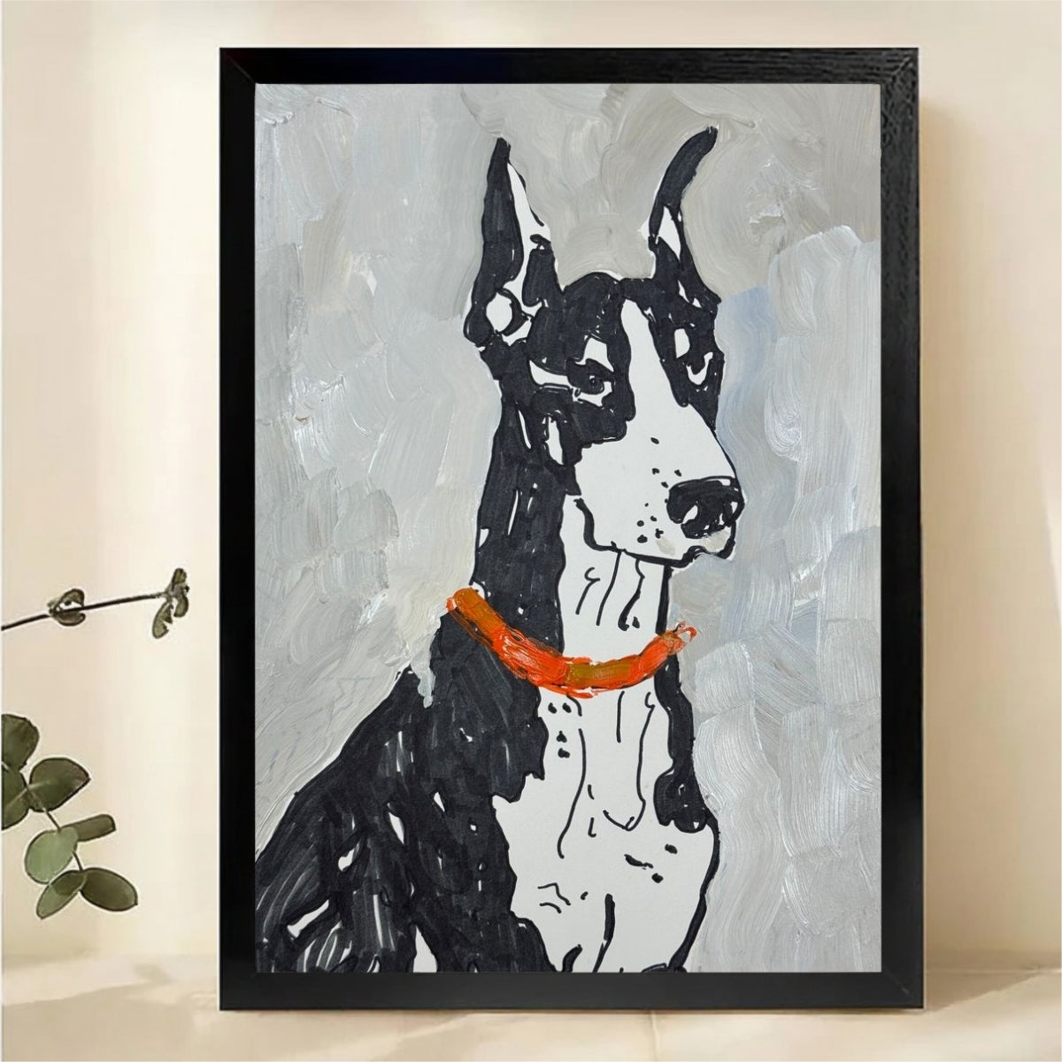 Doberman Portrait with Orange Collar Wall Art - Expressive Textured Oil Painting Canvas Print