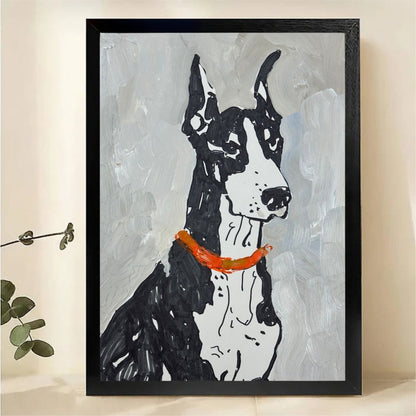 Doberman Portrait with Orange Collar Wall Art - Expressive Textured Oil Painting Canvas Print