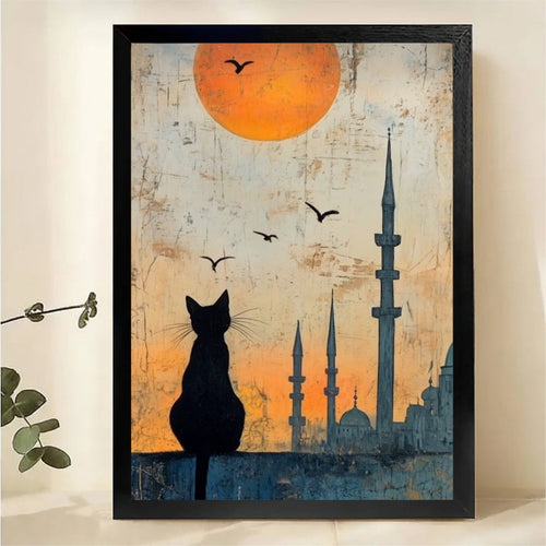 Cat Silhouette Mosque Sunset Wall Art - Istanbul Skyline Canvas Print
