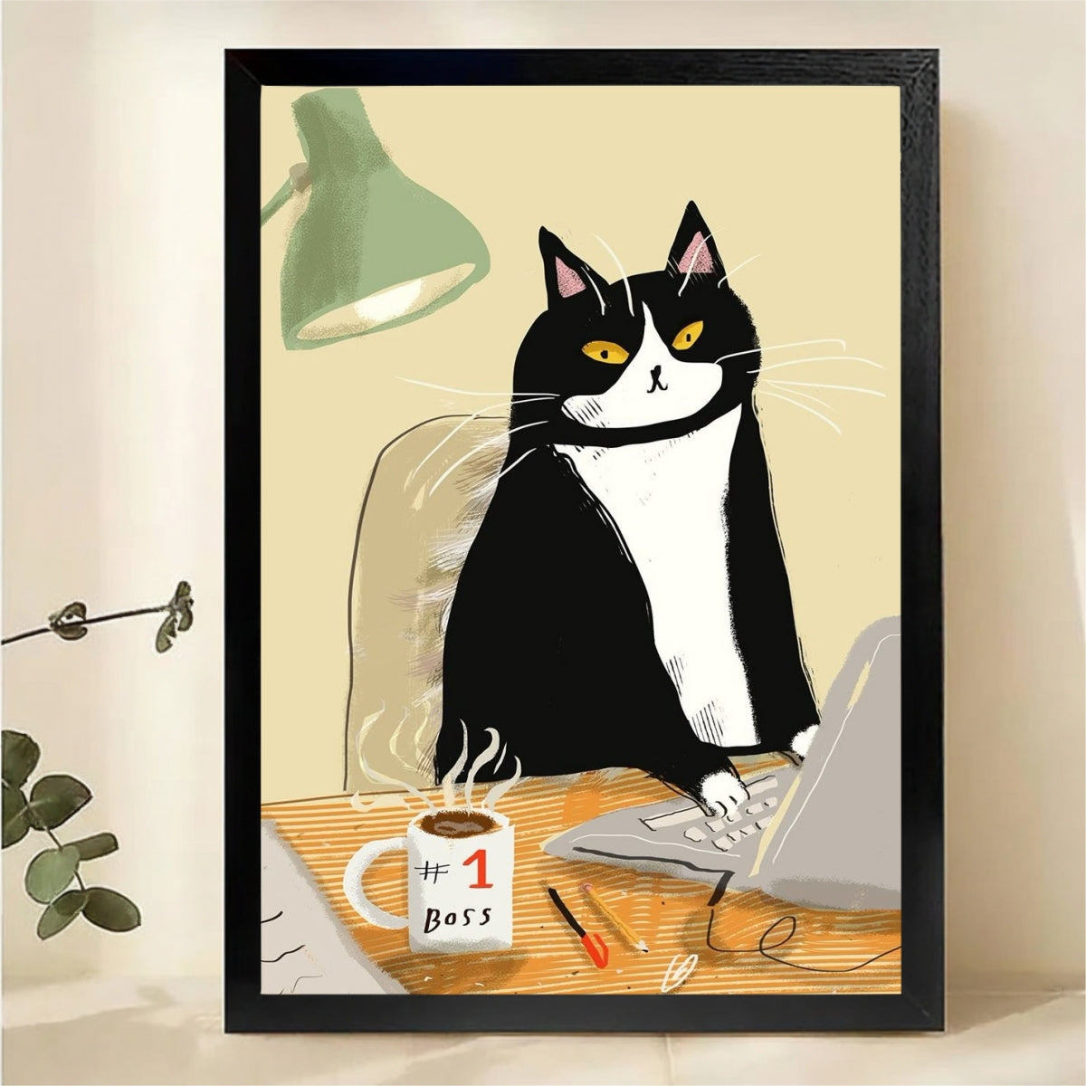 Tuxedo Cat Boss at Desk Wall Art - Funny Office Canvas Print