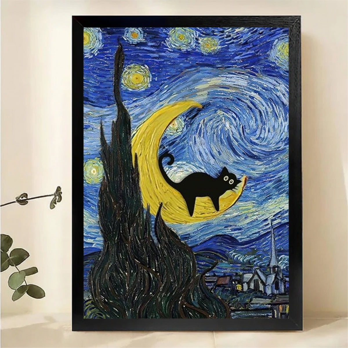 Black Cat on Crescent Moon Van Gogh Starry Night Wall Art - Funny Art Canvas Print