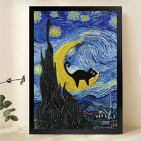 Black Cat on Crescent Moon Van Gogh Starry Night Wall Art - Funny Art Canvas Print