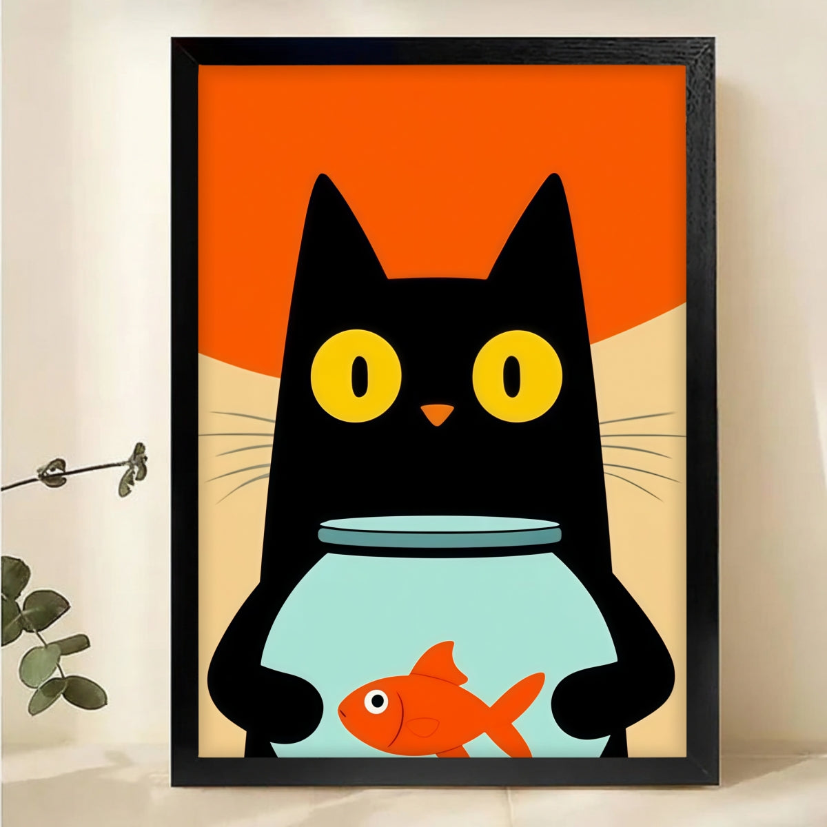 Black Cat with Goldfish Bowl Wall Art - Whimsical Animal Print