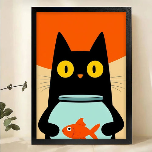 Black Cat with Goldfish Bowl Wall Art - Whimsical Animal Print