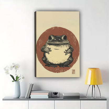 The Chubby Chest-Hugging Frog – Retro Minimalist Wall Art on Natural Wood Canvas