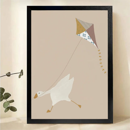 Goose Flying a Kite Wall Art - Whimsical Minimalist Nursery Canvas Print