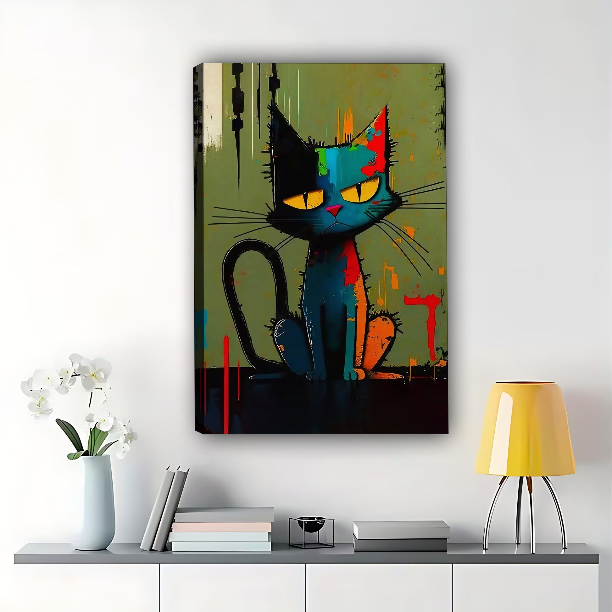 The Moody Abstract Cat – Bold Artistic Feline Wall Art on Natural Wood Grain Canvas