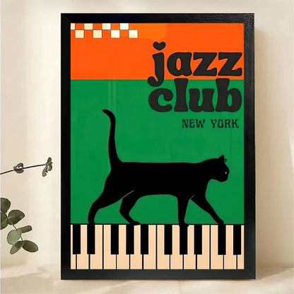 Jazz Club New York Black Cat Piano Wall Art - Retro Vintage Poster Canvas Print