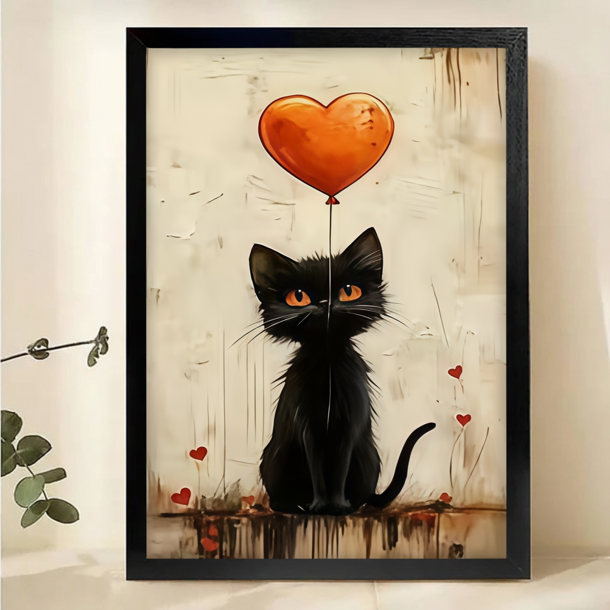 Black Cat with Heart Balloon Wall Art- Romantic Wall Decor