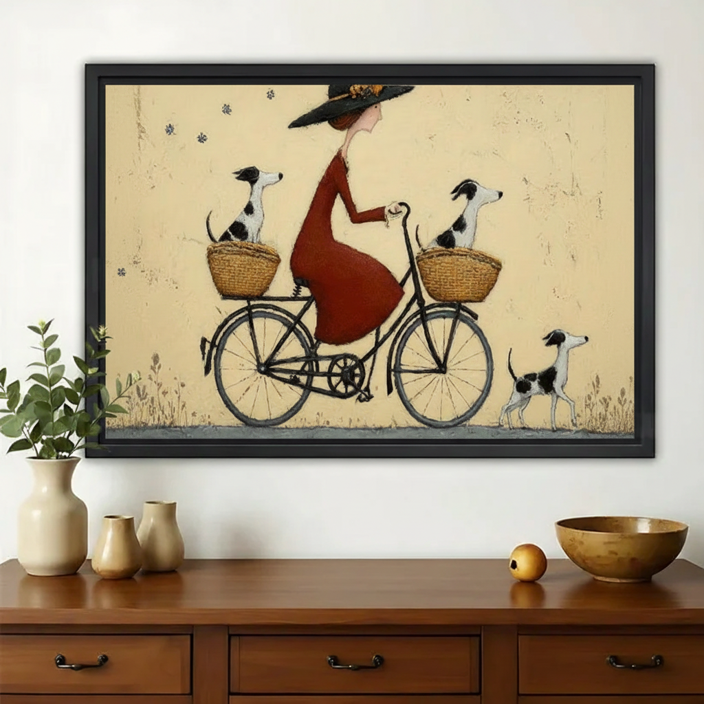 Lady on Bicycle with Three Dogs Wall Art – Vintage Folk Art Canvas Print on Natural Wood Frame