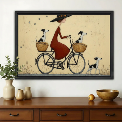 Lady on Bicycle with Three Dogs Wall Art – Vintage Folk Art Canvas Print on Natural Wood Frame