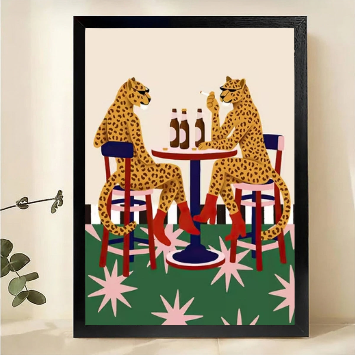 Leopards Having Drinks Wall Art - Retro Cocktail Hour Print