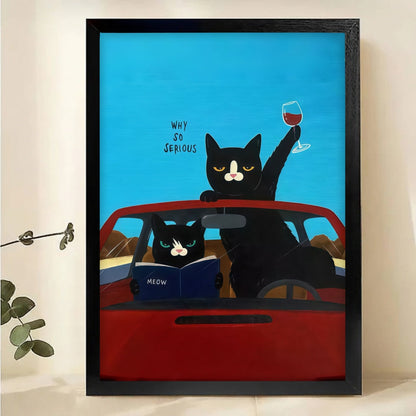 Funny Black Cats Driving Wall Art - Why So Serious Cat Print