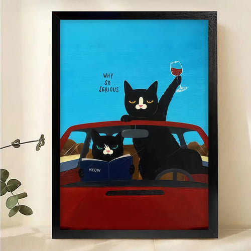 Funny Black Cats Driving Wall Art - Why So Serious Cat Print