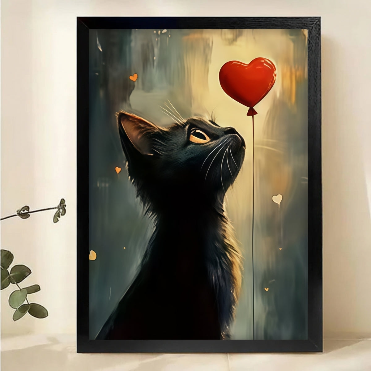 Black Cat with Red Heart Balloon Canvas Wall Art