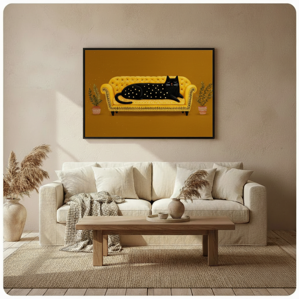 Black Cat Golden Sofa Boho Canvas Wall Art