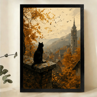 Black Cat Overlooking Autumn Village Wall Art – Moody Landscape Canvas Print on Natural Wood Frame