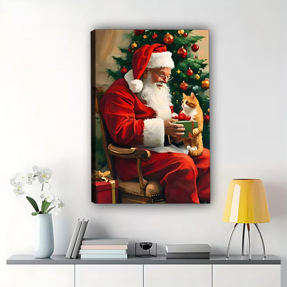 The Gift-Giving Santa – Cozy Christmas Wall Art on Natural Wood Grain Canvas