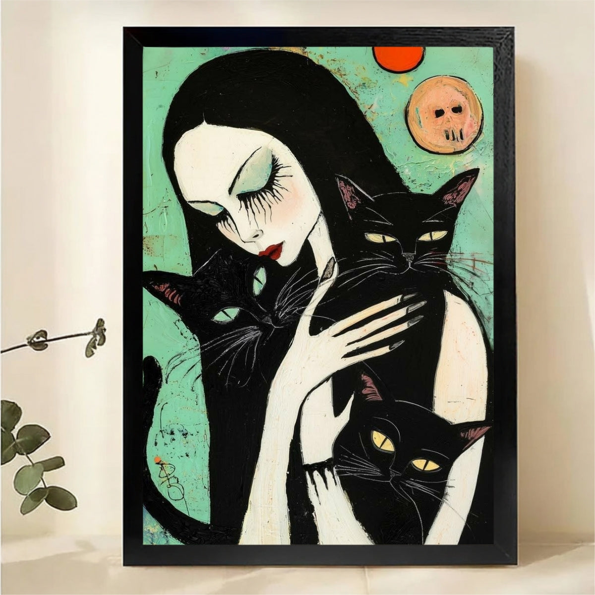 Gothic Witch with Three Black Cats Wall Art - Expressionist Canvas Print