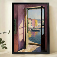 Mediterranean Harbor Through Open Window Wall Art – Impressionist Oil Painting Canvas Print on Natural Wood Frame