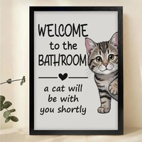 Welcome to the Bathroom Cat Wall Art – Funny Tabby Quote Canvas Print on Natural Wood Frame