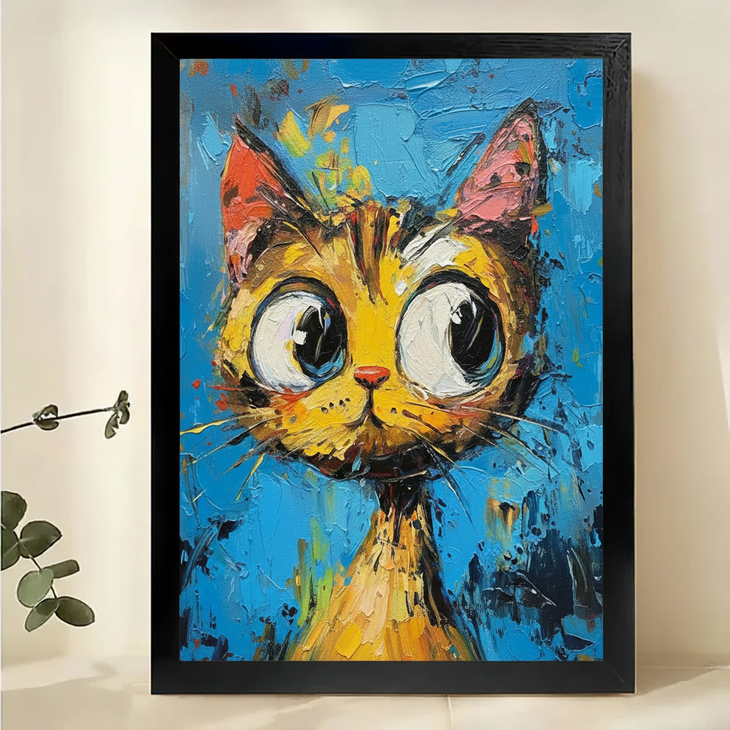Wide-Eyed Orange Cat Wall Art – Bold Impasto Pop Art Canvas Print on Natural Wood Frame
