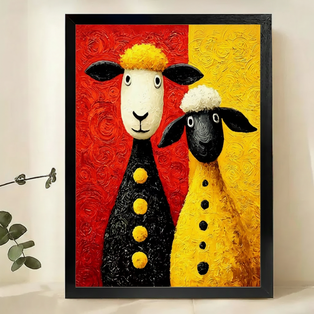Two Whimsical Sheep Wall Art – Bold Colorful Folk Art Canvas Print on Natural Wood Frame