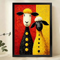 Two Whimsical Sheep Wall Art – Bold Colorful Folk Art Canvas Print on Natural Wood Frame