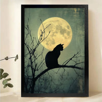 Black Cat Silhouette on Branch Under Full Moon Wall Art - Gothic Canvas Print