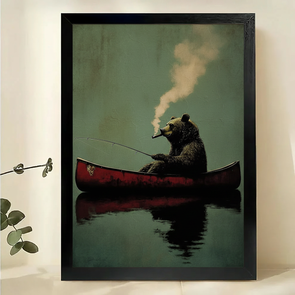 Bear Fishing in Red Canoe Wall Art – Moody Dark Animal Canvas Print on Natural Wood Frame