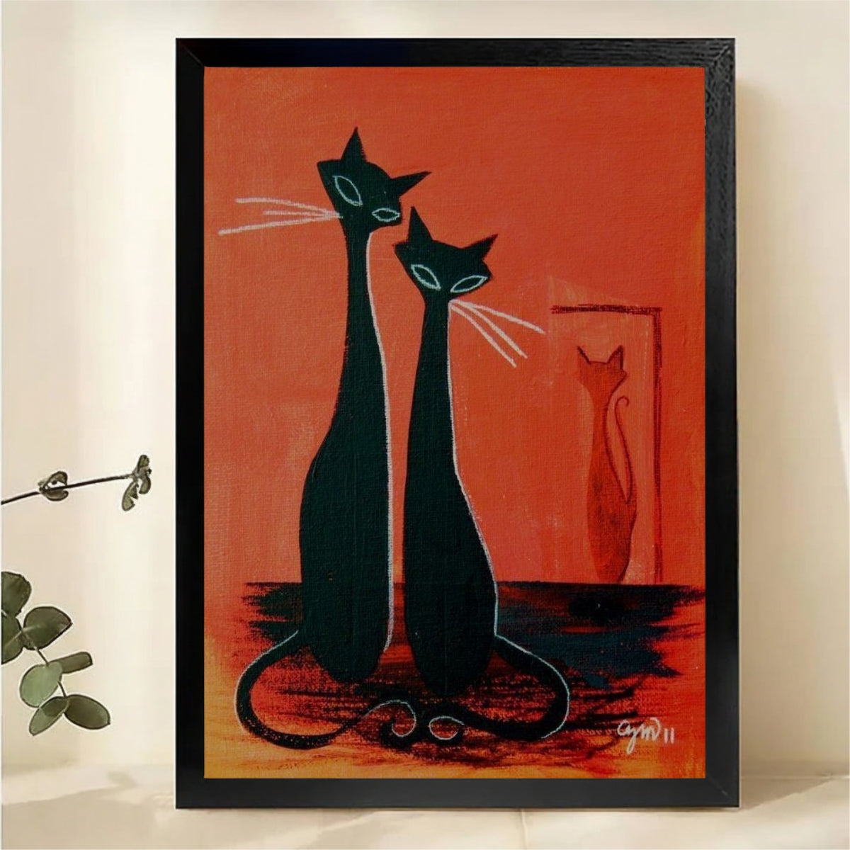 Two Sleek Black Cats with Mirror Reflection Wall Art - Mid-Century Modern Retro Canvas Print