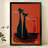 Two Sleek Black Cats with Mirror Reflection Wall Art - Mid-Century Modern Retro Canvas Print