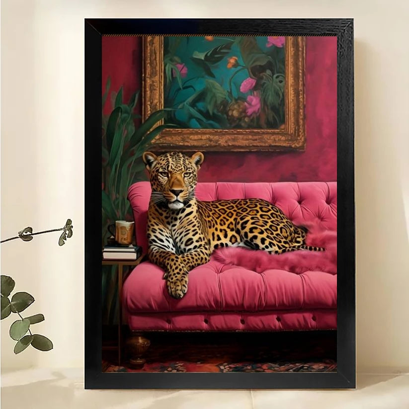 The Luxe Leopard on Pink Sofa – Retro Glam Wall Art on Natural Wood Canvas