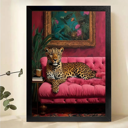 The Luxe Leopard on Pink Sofa – Retro Glam Wall Art on Natural Wood Canvas