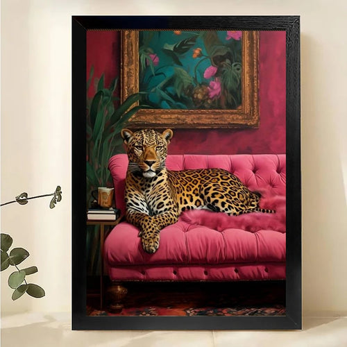 The Luxe Leopard on Pink Sofa – Retro Glam Wall Art on Natural Wood Canvas