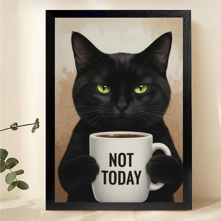 Black Cat Coffee Art Print - Not Today Funny Cat Wall Decor Canvas Wall Art