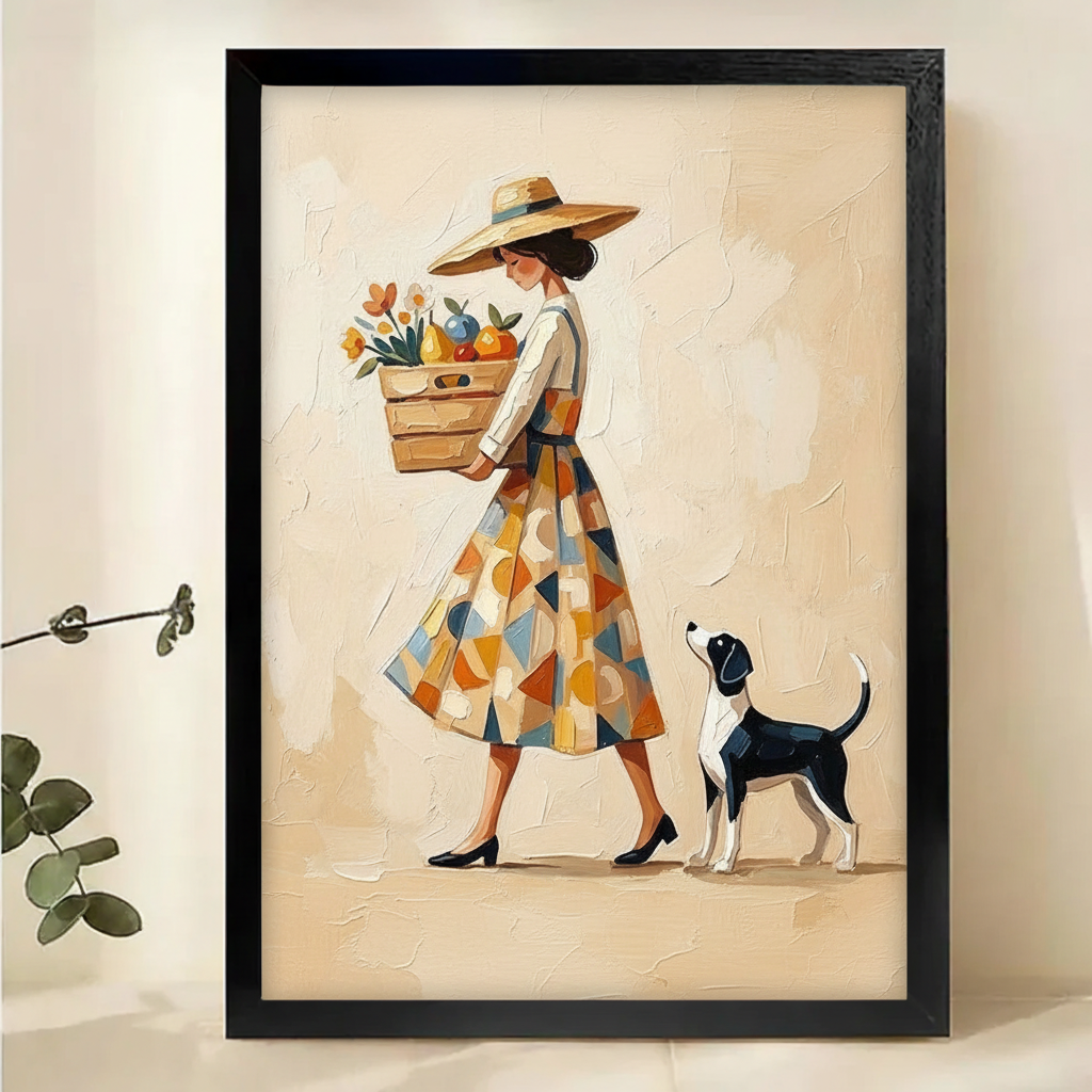 Market Day Woman & Beagle Wall Art – Vintage Bohemian Oil Painting Canvas Print on Natural Wood Frame