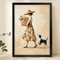 Market Day Woman & Beagle Wall Art – Vintage Bohemian Oil Painting Canvas Print on Natural Wood Frame